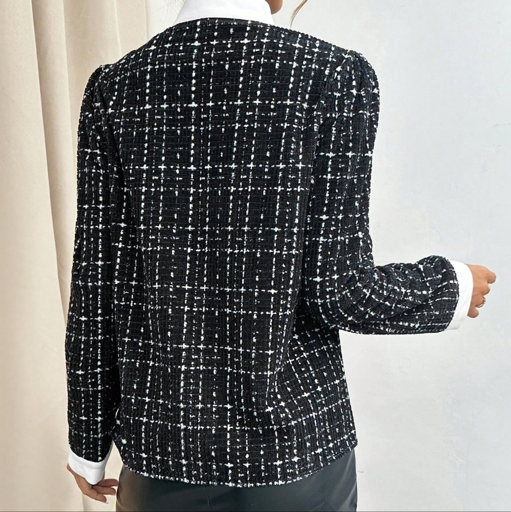 Women's Plaid Contrast Color Collar With Ruffle Trim Tie Neck Shirt - Picture 4 of 5